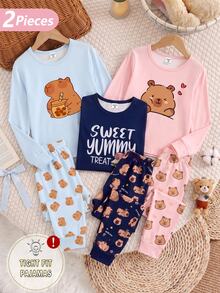 Piyama 2 Potong Motif Kartun Capybara Warna Biru Tua untuk Remaja Perempuan, Bahan Rajut Lembut dan Nyaman, Elastis, Pas Badan, Leher Bulat, Lengan Panjang, Celana Panjang, Cocok untuk Musim Semi, Gugur, dan Musim Dingin. - MultiWarna - View 5