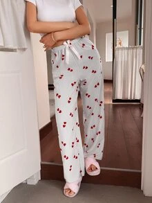 Napfluff Women's Striped Heart Print Bow Decor Waist Pajama Pants - Grey - View 3
