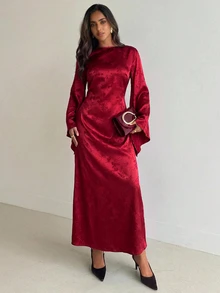 Aloruh 女款優雅派對宴會緞面提花喇叭袖修身後背打結超長洋裝 - 紅色 - 查看 6
