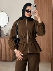 Solavon Women's Solid Color Long Sleeve Zip-Up Jacket And Pants Casual 2 Pieces Set - Brown - View 3