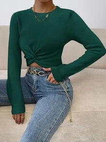 SHEIN 女款純色圓領扭腰設計短版毛衣，秋冬款 - 橄欖綠 - 查看 8