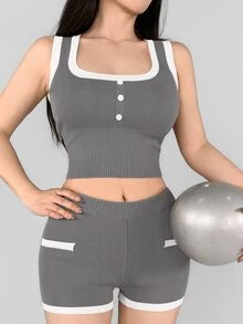 DAZY Women's Contrast Color Button Design Cropped Tank Top And Shorts Sports Set - Grey - View 4