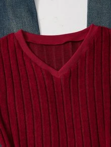 SHEIN 青少年女孩秋季上衣 灰色拼接白色下擺 V領鈕扣設計長袖休閒百搭T恤 - 酒紅色 - 查看 3