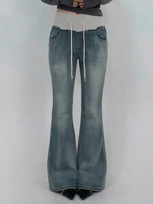 Livesso Deep Blue Washed Distressed High Waist Loose Flare Wide Waistband Design Cargo Style Casual Denim Jeans For Women Fall - Blue - View 6