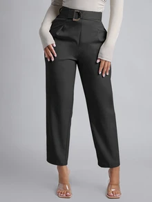 SHEIN PETITE Women's Solid Color Casual Versatile Daily Wear Long Pants - Dark Grey - View 1