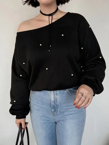 Dazy Plus Sweatshirt Hoodie Longgar Asimetris Model Bahu Asimetris Gaya Korea Baru Musim Gugur Awal dengan Hiasan Manik-manik - Hitam - View 3