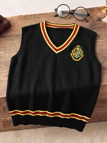 PrepCrw HARRY POTTER X SHEIN 兒童青少年男孩V領撞色學院風刺繡針織背心，秋季萬聖節 針織上衣，秋冬 2026 - 黑色 - 查看 6