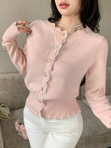 Modelyn Women's Contrast Lace Single-Breasted Long Sleeve Knit Cardigan - Pink - View 3