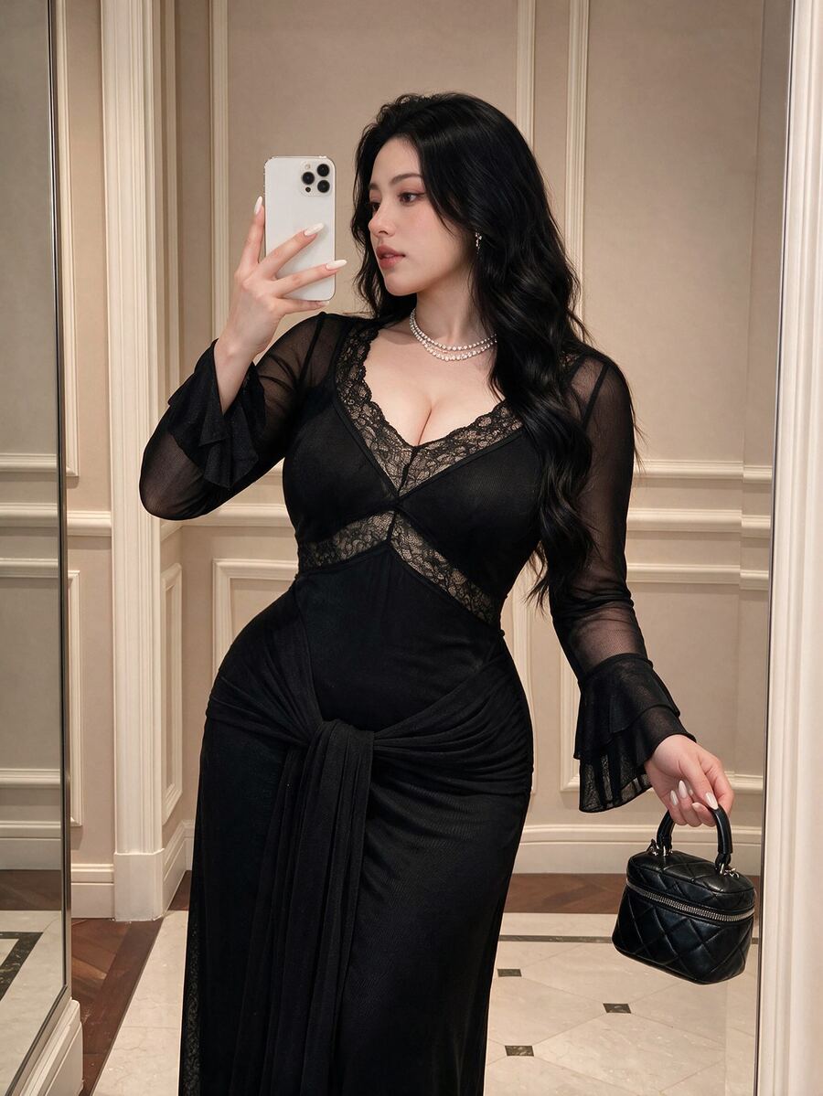 Vibekara Sexy Elegant Lace Criss-Cross Hollow Out Fitted Dress Fall - Black - View 1