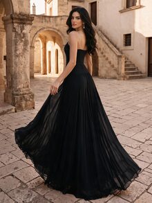 Coutiva Women's Lace Patchwork Pleated Elegant Waist-Cinching Evening Dress - Black - View 9