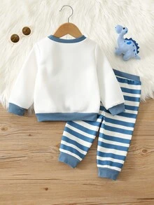 SHEIN 2pcs Baby Boy Baby Girl Baby Boy Autumn/Winter Cartoon Dinosaur Pattern Knitted Soft Crew Neck Long Sleeve Pullover Sweatshirt And Striped Elastic Waist Long Pants - Multicolor - View 2