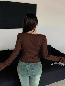 DAZY 秋季棕色鏤空蕾絲拼接開襟衫 休閒婚禮性感修身街頭風長袖女款T恤 - 棕色 - 查看 5