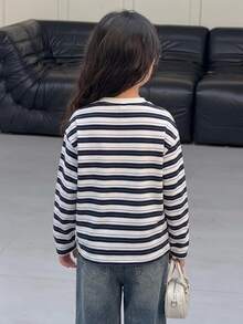 Dazy Kids Tween女孩條紋寬鬆休閒長袖基礎打底T恤，秋季 - 藏蓝色 - 查看 2