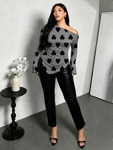 Firerie تي شيرت نسائي مقاس كبير بطبعة قلب وكتف غير متماثل وأكمام طويلة وحافة غير متماثلة بتصميم عصري - متعدد الألوان - مشاهدة 5