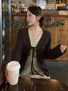 DAZY Women's Autumn/Winter Brown V-Neck Green 2 In 1 Patchwork Ribbed Knit Layered Casual Sweet Vintage Cardigan T-Shirt - Brown - View 9
