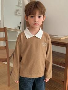 Hapijoa 兒童秋季男童小號休閒版型字母印花日系森系T恤 - 棕色 - 查看 4