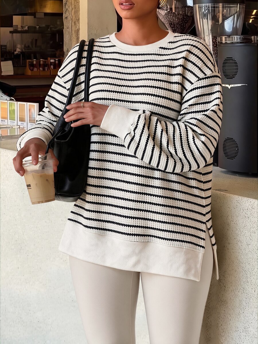 Easura Plus Size Women's Autumn/Winter Striped Fabric Color-Block Sweatshirt Set, Loose Top And Fitted Bottom, Casual Daily Commute Fall - Multicolor - View 1