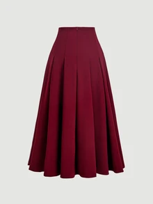 SHEIN MOD 純色高腰壓線摺褶喇叭白色裙 - 酒紅色 - 查看 2