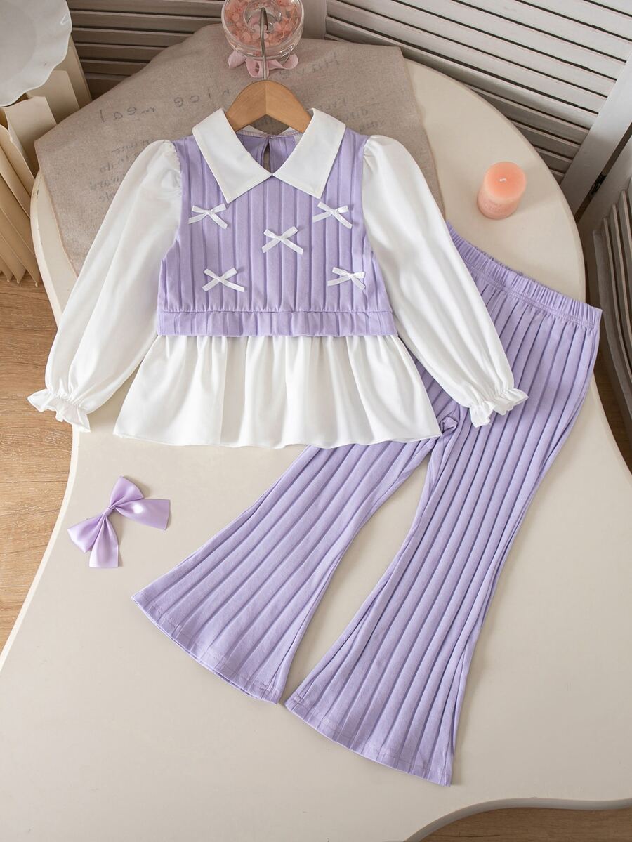 Elladie kids 女童春/秋休閒襯衫套裝,返校季,淺粉色針織刷毛羅紋布拼接梭織布,白色長袖翻領 - 紫色 - 查看 1