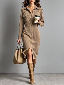 SHEIN Gaun Wanita Panjang Sedang Warna Polos Bahan Suede dengan Saku Tempel, Kasual, Serbaguna untuk Perjalanan Musim Gugur/Dingin - Khaki - View 3