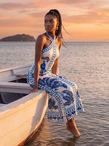 CAJUNI Tropical Vacation Elegant Off-White Royal Blue Tropical Knitting Midi Dress - Blue and White - View 4