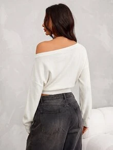 SHEIN PETITE 女款純色不對稱肩休閒性感優雅百搭日常長袖針織衫 夜店聚餐黑色秋季 - 白色 - 查看 2