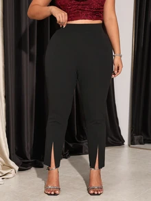 Firerie Plus Size Women Solid Color High Waist Split Design Slim Fit Long Pants - Black - View 10