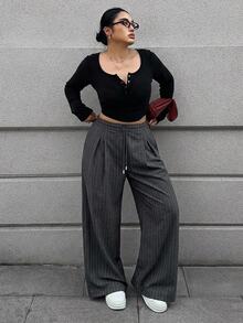 Dazy Plus Striped Loose Straight Leg Drawstring Decor Long Casual Business Plus Size Women's Suit Pants - Grey - View 7
