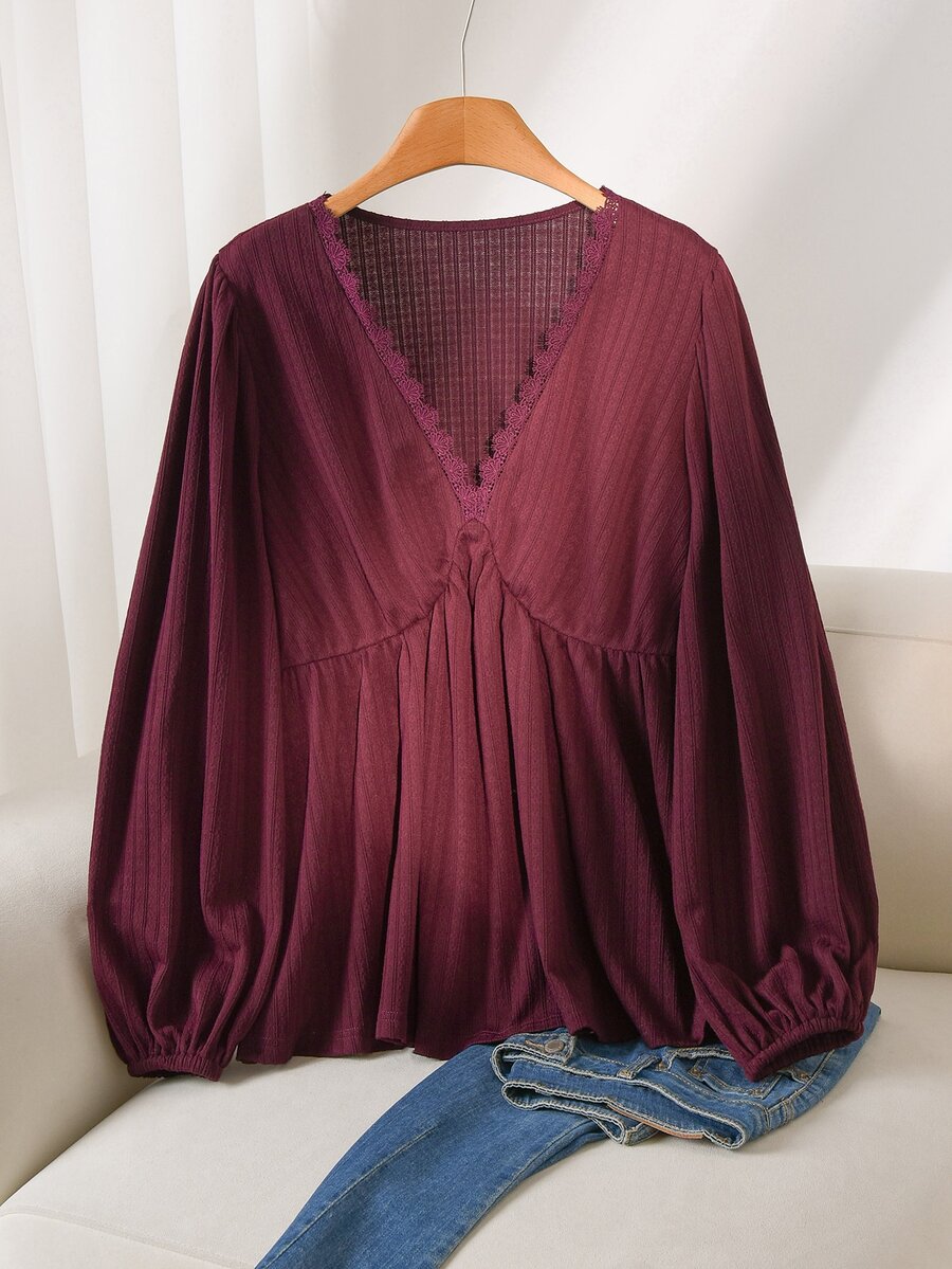 CosyJoli Plus Size Women Solid Color Contrast Lace V-Neck Long Sleeve T-Shirt - Burgundy - View 1