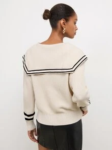 Maija Women's Striped Sailor Collar Button Design Long Sleeve Sweater - Apricot - View 2
