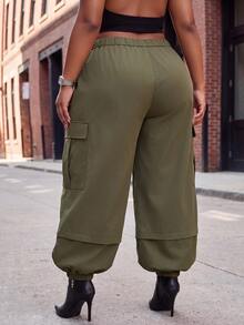 Slaydiva Plus Size Convertible Cargo Parachute Pants, Detachable Leg MultiPocket Baggy Streetwear Trousers - Army Green - View 5