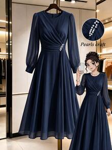 GlowEve CURVE Plus Size Round Neck Bowknot Pearl Decor Lantern Sleeve Chiffon Back Zipper Dress Wedding Formal Evening Light Blue Autumn Elegant Celestial Fall - Navy Blue - View 1
