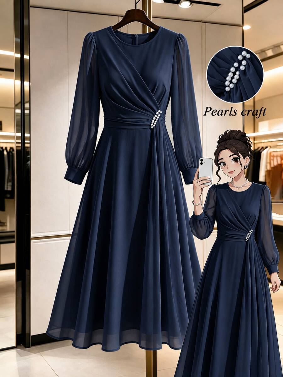 GlowEve CURVE Plus Size Round Neck Bowknot Pearl Decor Lantern Sleeve Chiffon Back Zipper Dress Wedding Formal Evening Light Blue Autumn Elegant Celestial Fall - Navy Blue - View 1