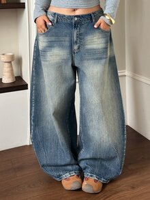 Dazy Plus Street Casual Distressed Vintage Washed Low Waist Blogger Style Long Denim Jeans Spring Autumn New - Blue - View 8