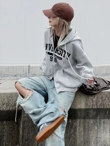 FRIFUL 女款刺繡時尚拉鍊連帽衛衣 - 灰色 - 查看 9