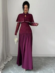 Flora Isola Flora Isola فستان طويل نسائي كاجوال للخريف/الشتاء بتصميم خصر مكشكش وتصميم مطوي بلون موحد، مناسب للتنقل اليومي والخروجات والتسوق - عنابي اللون - مشاهدة 5