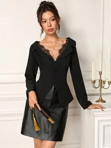 EastFlair Atasan Kasual Wanita dengan Motif Renda dan Patchwork untuk Pemakaian Sehari-hari - Hitam - View 5