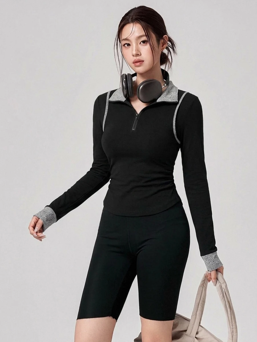 DAZY Women's Minimalist Half-Zip Long Sleeve Sports T-Shirt - Black - View 1