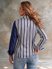 Ceyna Plus Size Long Sleeve Shirt With Denim Effect Patchwork, Striped Print, Colorblock And Single Button - Multicolor - View 2