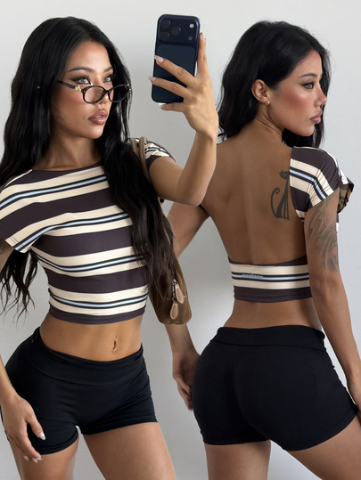 Coolane Women's Fall/Summer Sportswear Casual Going Out Striped Graphics Stretchy Backless T-Shirt