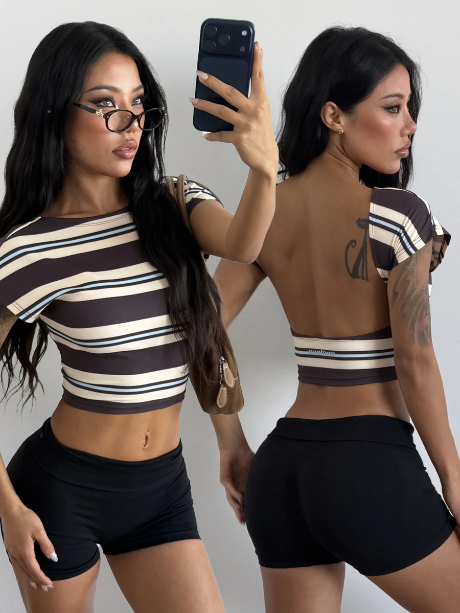 Coolane Women's Fall/Summer Sportswear Casual Going Out Striped Graphics Stretchy Backless T-Shirt - Multicolor - View 1