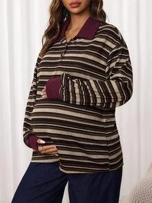 SHEIN Maternity Casual Button Half-Placket Striped Colorblock T-Shirt - Multicolor - View 1