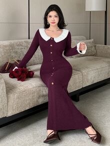 Modelyn فستان نسائي محبوك بتصميم كتل لونية للارتداء اليومي الكاجوال - متعدد الألوان - مشاهدة 3