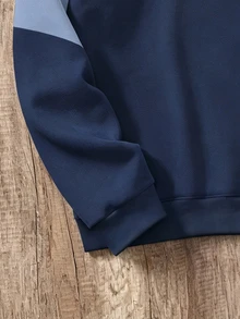 OldRiff Men's Standard Fit Regular Shoulder Crew Neck Pullover Sweatshirt With Thermal Lined, Color Block Print Pattern, Suitable For Autumn/Winter - Blue - View 3