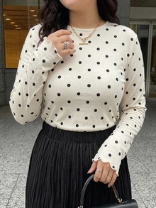 Dazy Plus Korean Style Polka Dot Fitted T-Shirt, Autumn Layering - Beige - View 2