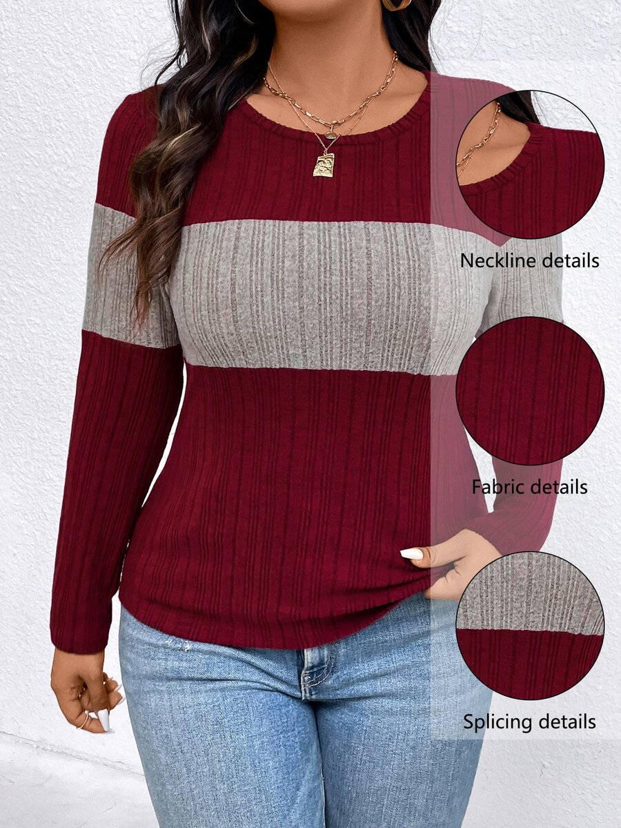 EMERY ROSE Plus Size Contrast Color Round Neck Ribbed Long Sleeve Casual T-Shirt Tees Women Tops For Spring Fall Cloth For Women - Multicolor - View 1