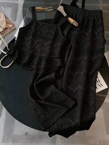 GlowEve CURVE 大尺碼女款優雅休閒單排扣細肩帶上衣與長褲兩件套 - 黑色 - 查看 2