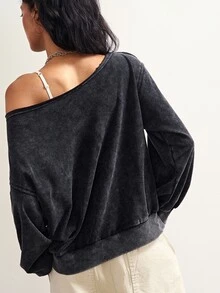 Bohemela Women's Fashion Streetwear Asymmetrical Shoulder Eyelet Sweatshirt - Black - View 7