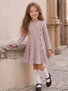 Girls Outfit Set, 1pc Round Neck Long Sleeve Cinched Waist A-Line Dress, Button Decor Elegant Lady Style Dress Suitable For Daily, Commute, Party Wear - Pink - View 1