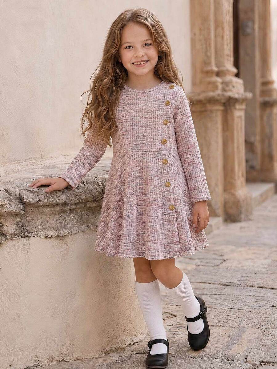Girls Outfit Set, 1pc Round Neck Long Sleeve Cinched Waist A-Line Dress, Button Decor Elegant Lady Style Dress Suitable For Daily, Commute, Party Wear - Pink - View 1